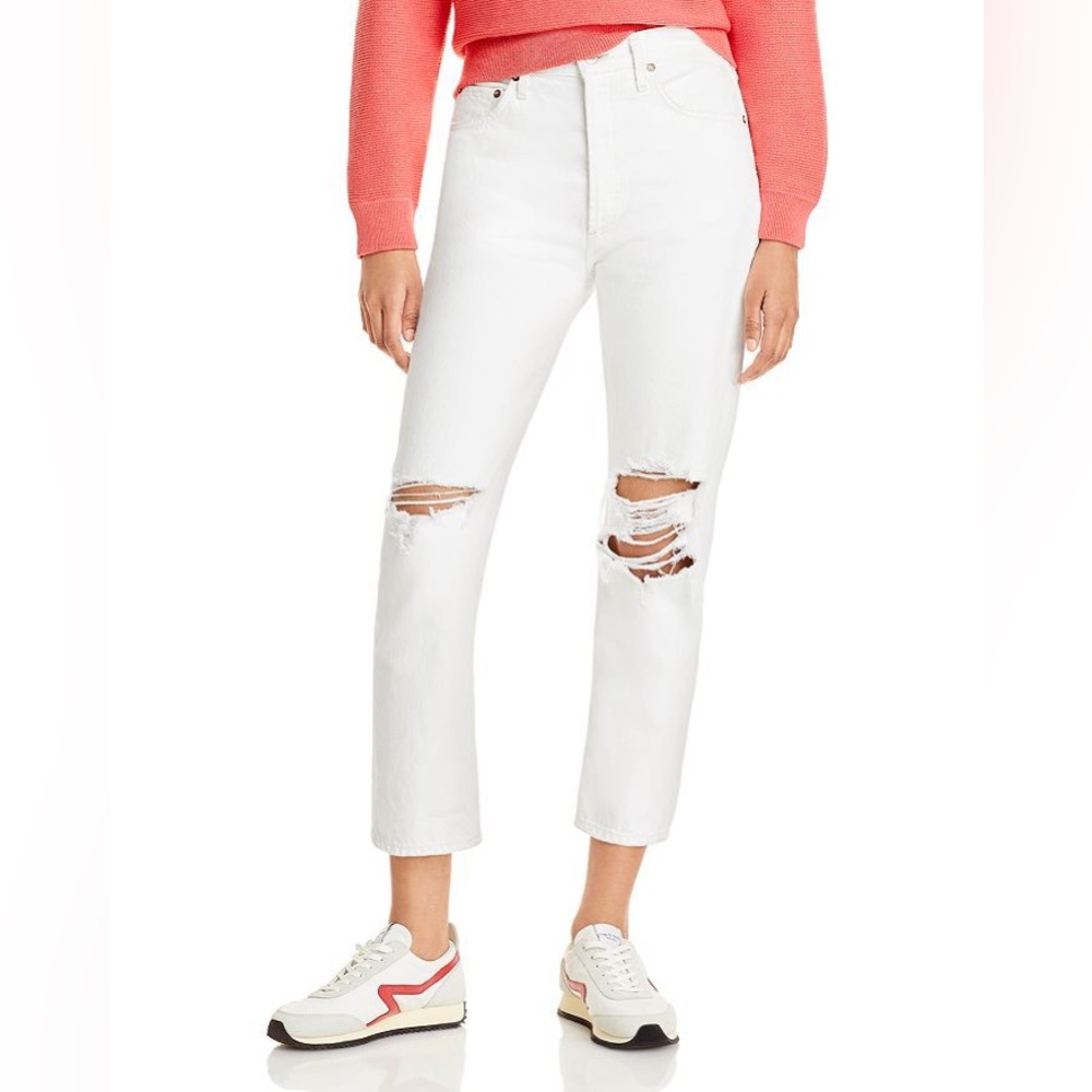 Agolde Riley High Rise Straight Leg Cropped Jeans in Veil White 31